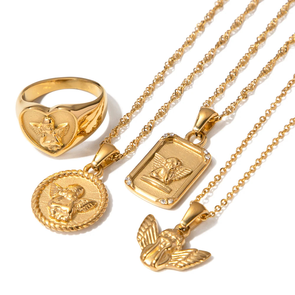 316L Stainless Steel Angel Pendant Necklace for Women .Waterproof, Simple & Fashionable Design with Textured Metal Finish, Trendy Everyday Jewelry