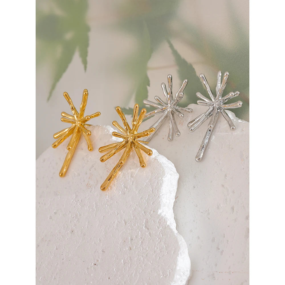 18K PVD Gold Plated 316L Stainless Steel Firework Textured Cast Stud Earrings . Waterproof Chic Charm Jewelry for Women