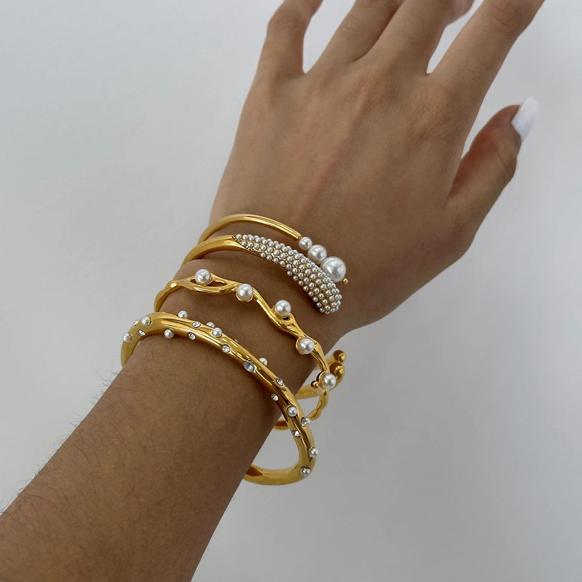 Elegant Double Wrap Pearl Open Bangle . Stackable Bracelet for Women & Girls . Chic Gift Idea for Her | Holiday & Everyday Fashion Accessory