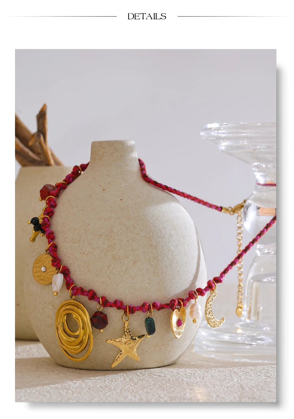 Boho-Chic Handmade Rope Necklace Featuring Braided Design, Natural Stone Drops, and Moon & Star Charms .Stainless Steel Details for a Durable Finish. A Perfect Piece for Summer Vibes