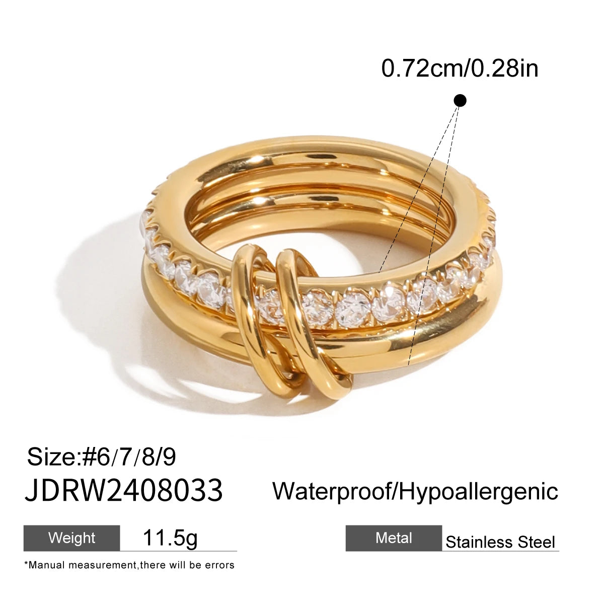 Minimalism Glossy Shine Double Layer Ring . Stainless Steel with White Cubic Zirconia Inlay, Waterproof and Elegant Jewelry for Women