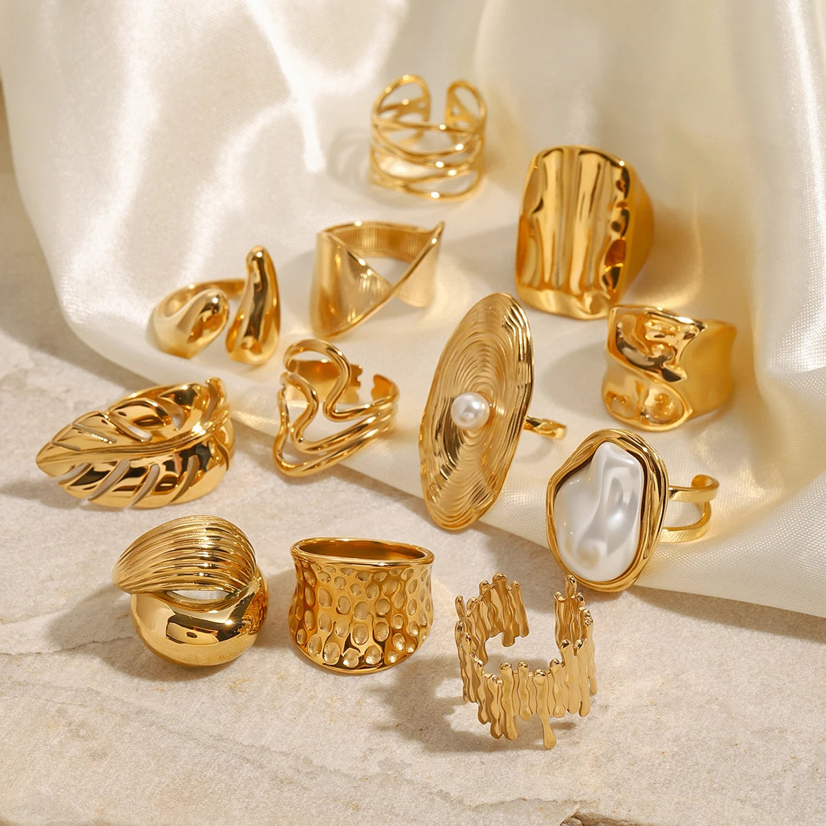 Fashion Pearl Leaf Ring for Women . Gold Color Textured Strip Design, Elegant Stackable Statement Jewelry