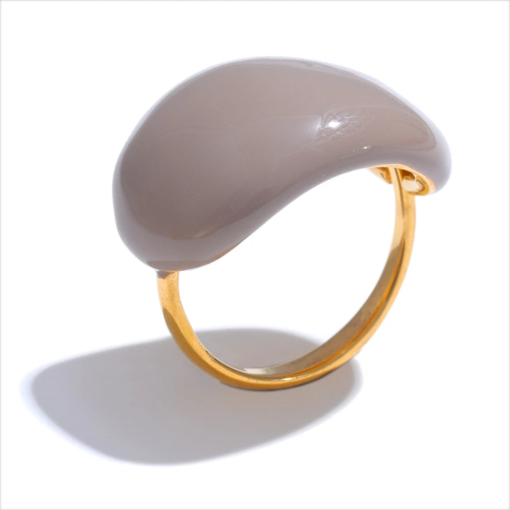 Joyful Multi-Color Ename Ring . Stainless Steel Fashion Jewelry, Waterproof Charm with Khaki, Orange, Blue & White Accents