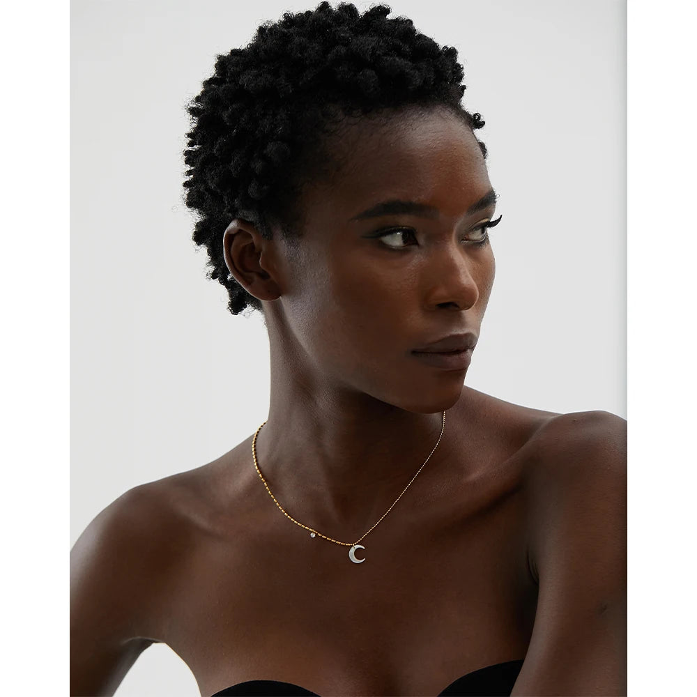 Chic Moon Pendant Necklace Featuring White Shell, Gold Beads, and Zircon Charms on a Stainless Steel Chain . A Delicate and Unique Piece, Perfect for Summer Vibes