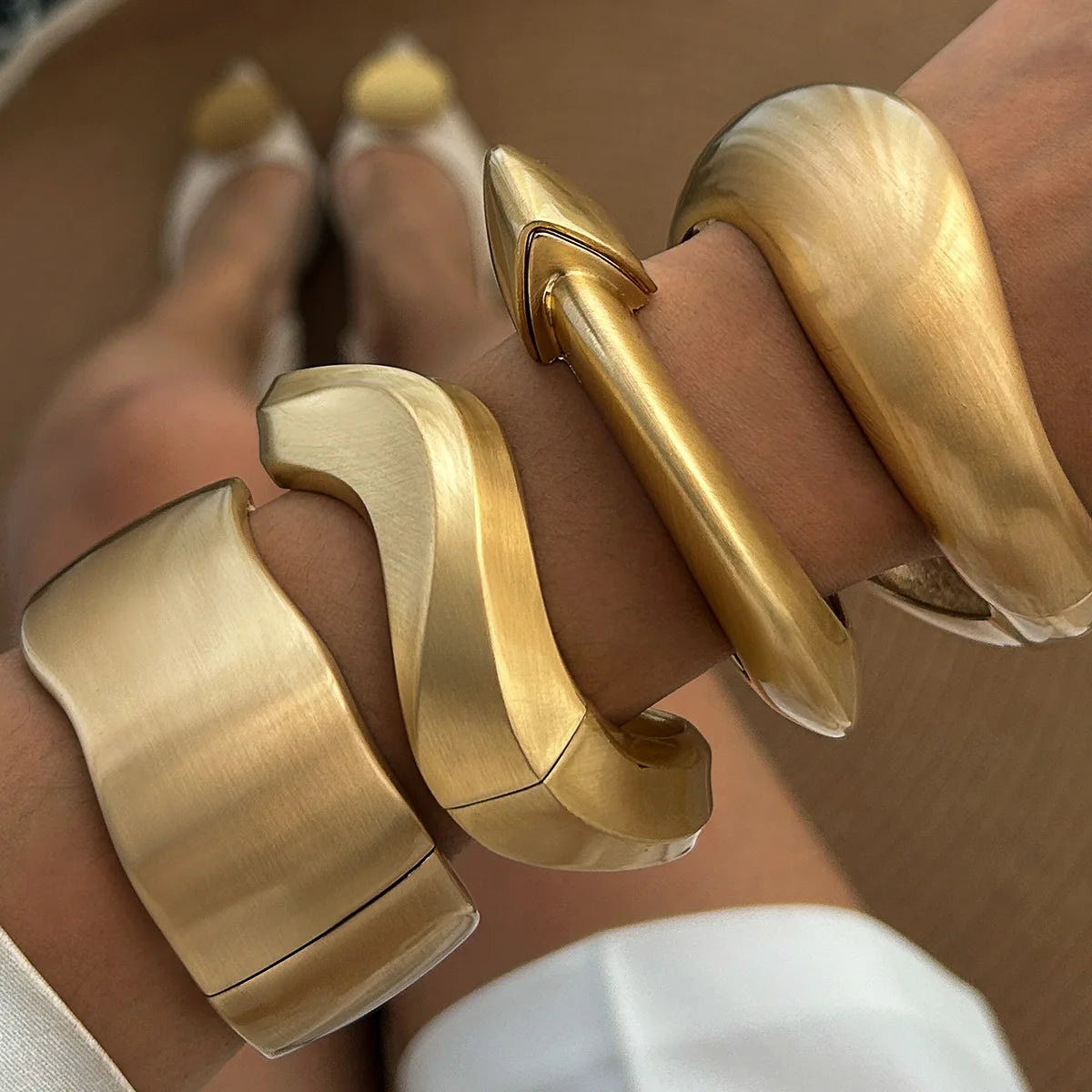 Chunky Wide Metal Water Drop Bangle . Bold Open Cuff Bracelet in Gold Color with Thick Irregular Wave Design, A Statement Piece of Jewelry for Women