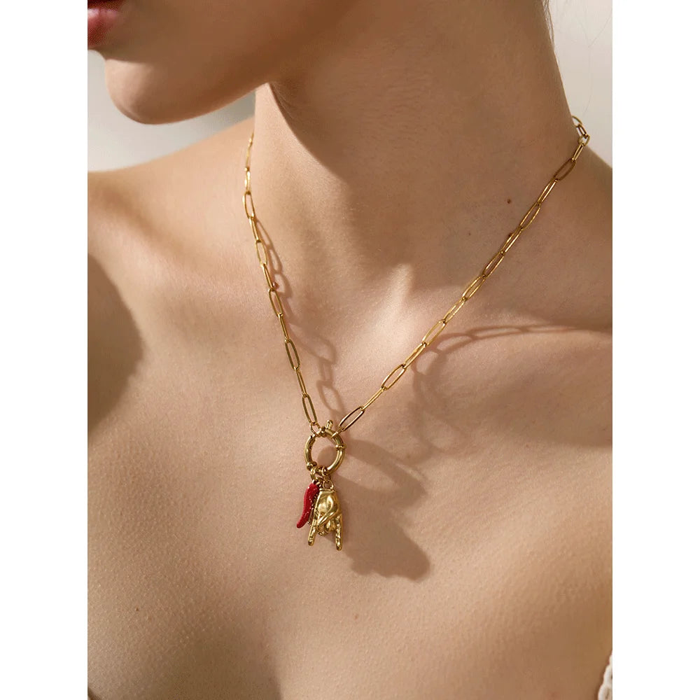 Creative 316L Stainless Steel Necklace Featuring Palm, Red Chili & Heart Charms . A Bold and Personalized Accessory, Perfect for Fun Summer Vibes