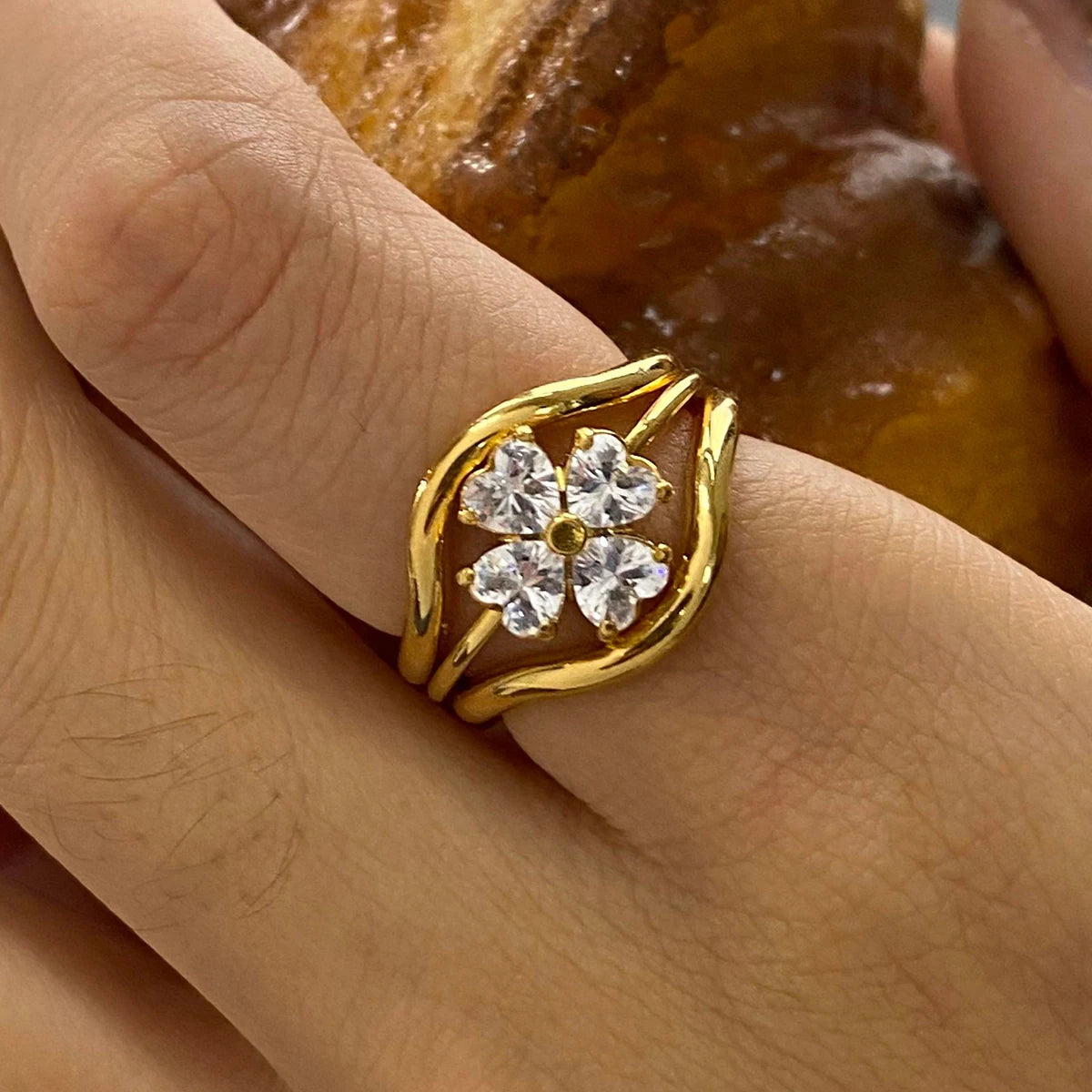 Minimalist 3-Piece Ring Set . Stainless Steel Stackable Rings with Zircon Accents and Ribbed Flower Detail for Effortless Style