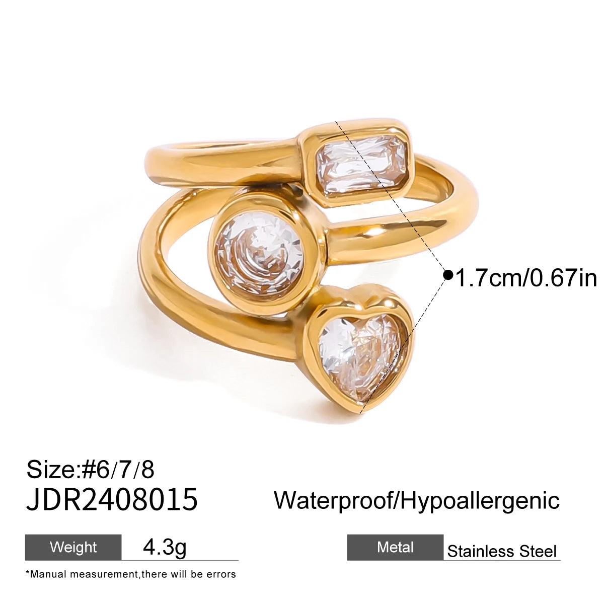 Luxury Open-End Geometric Ring for Women . Shiny AAA Cubic Zirconia, High-Quality Textured Stainless Steel, Waterproof Elegant Statement Jewelry
