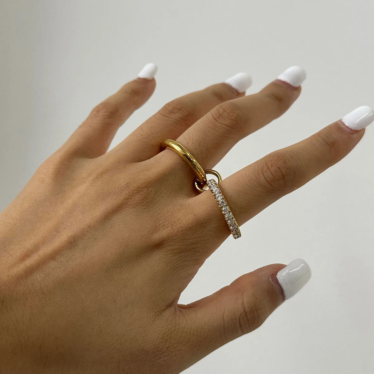 Minimalism Glossy Shine Double Layer Ring . Stainless Steel with White Cubic Zirconia Inlay, Waterproof and Elegant Jewelry for Women