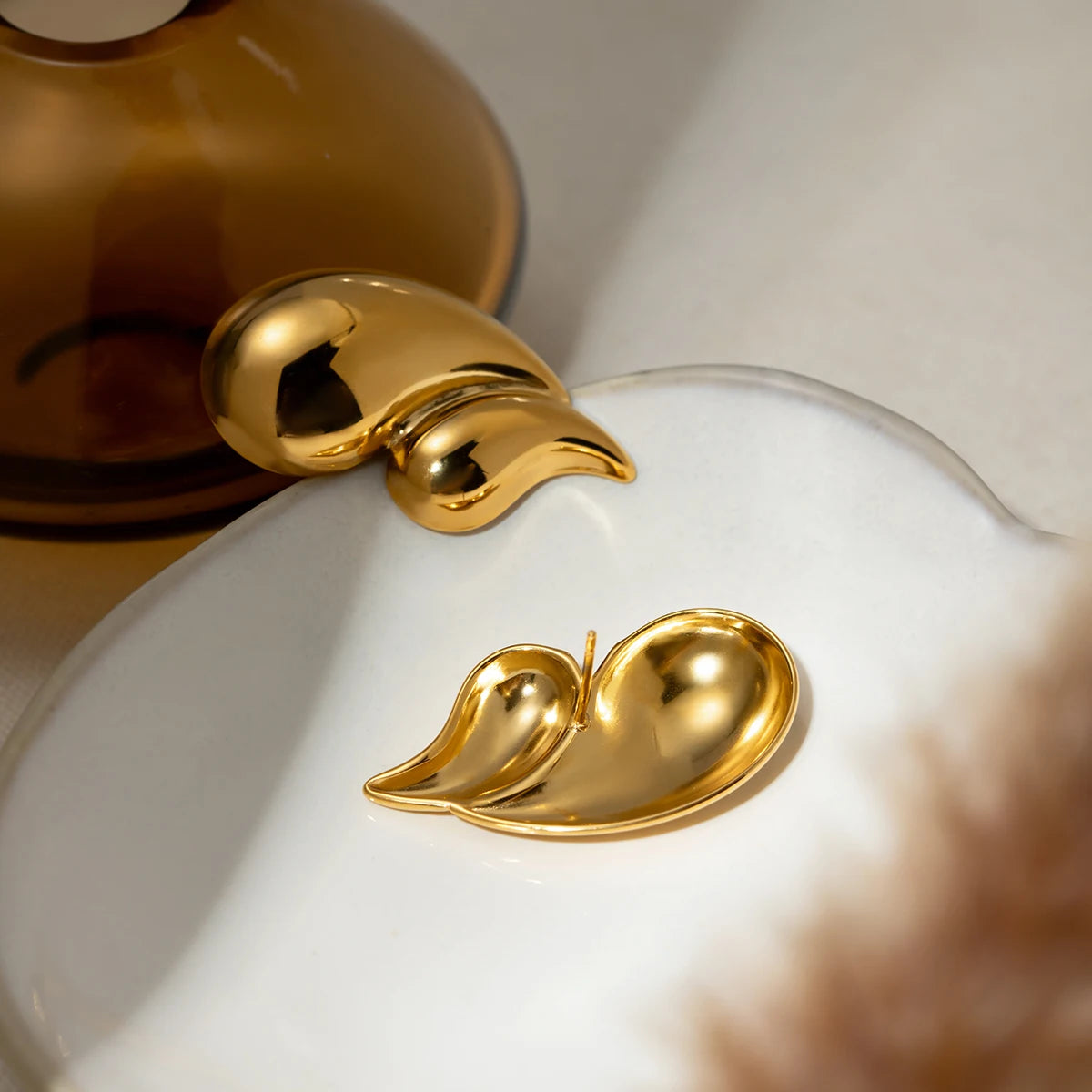 Golden Water Drop Stud Earrings . Geometric Stainless Steel Statement Jewelry . Cast Metal Waterproof Earrings for Women