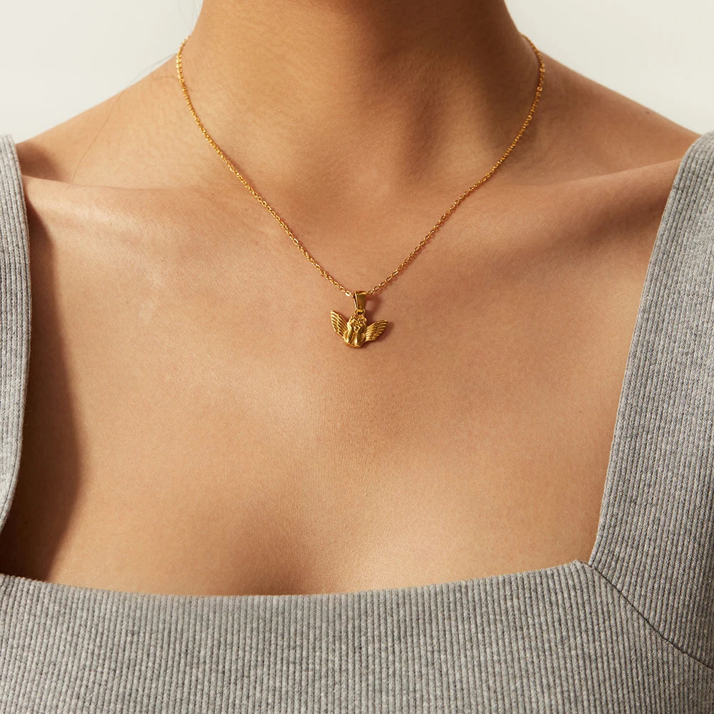 316L Stainless Steel Angel Pendant Necklace for Women .Waterproof, Simple & Fashionable Design with Textured Metal Finish, Trendy Everyday Jewelry