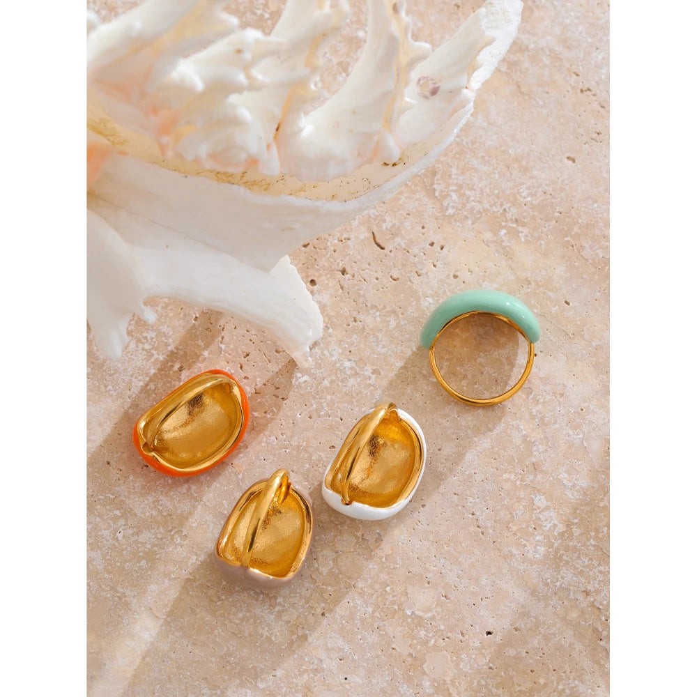 Joyful Multi-Color Ename Ring . Stainless Steel Fashion Jewelry, Waterproof Charm with Khaki, Orange, Blue & White Accents