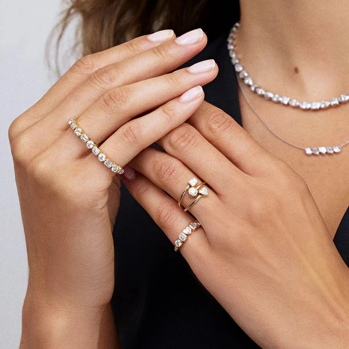 Luxury Open-End Geometric Ring for Women . Shiny AAA Cubic Zirconia, High-Quality Textured Stainless Steel, Waterproof Elegant Statement Jewelry