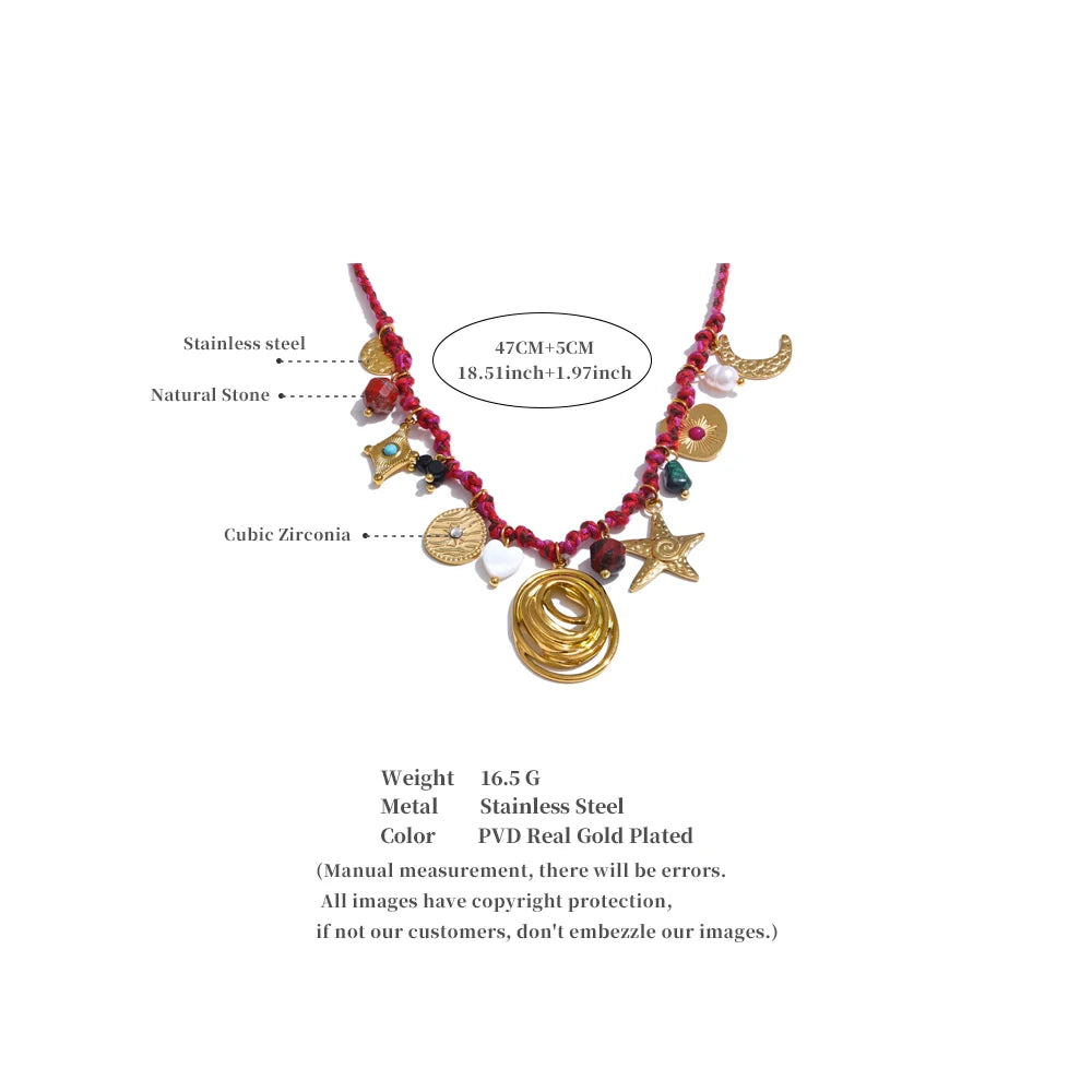 Boho-Chic Handmade Rope Necklace Featuring Braided Design, Natural Stone Drops, and Moon & Star Charms .Stainless Steel Details for a Durable Finish. A Perfect Piece for Summer Vibes