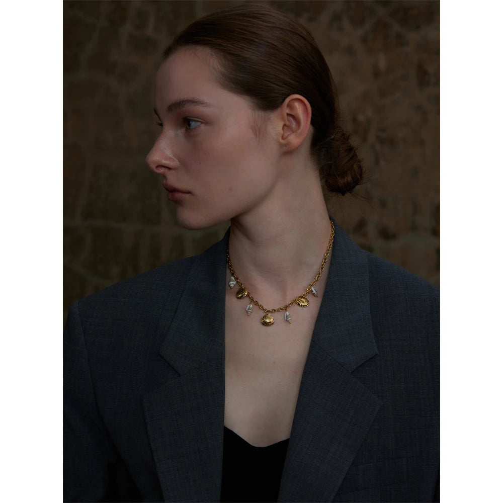 Handmade 18K Gold PVD Plated Necklace Featuring a Natural Shell Charm . Waterproof and Stylish, the Perfect Holiday Accessory for Radiant Summer Vibes