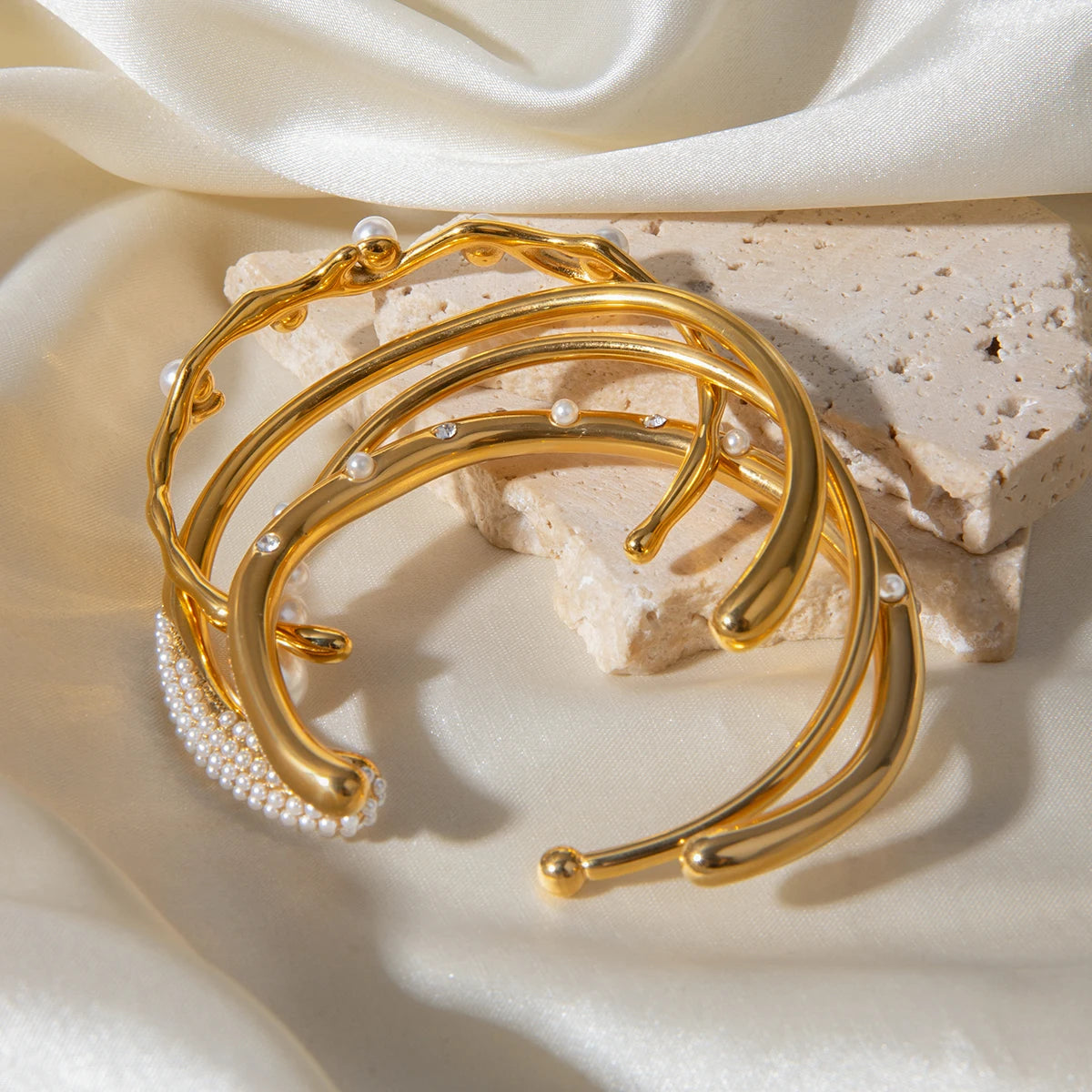 Elegant Double Wrap Pearl Open Bangle . Stackable Bracelet for Women & Girls . Chic Gift Idea for Her | Holiday & Everyday Fashion Accessory