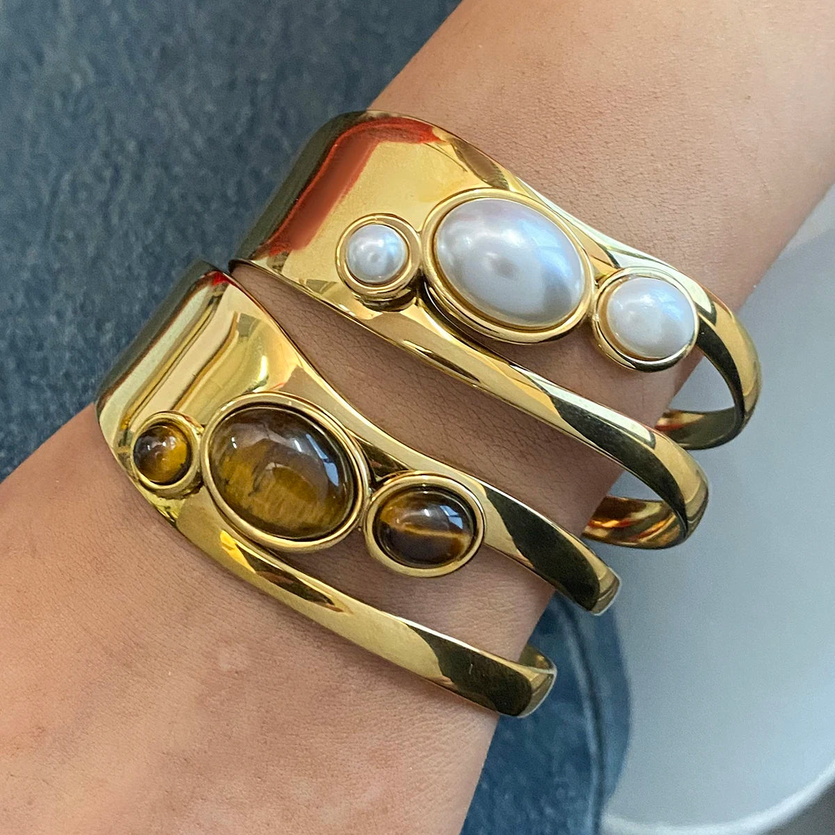 Chunky Irregular Pearl & Tiger Eye Stone Bracelet . Stacked Women's Jewelry . Bold Natural Gemstone Statement Accessory