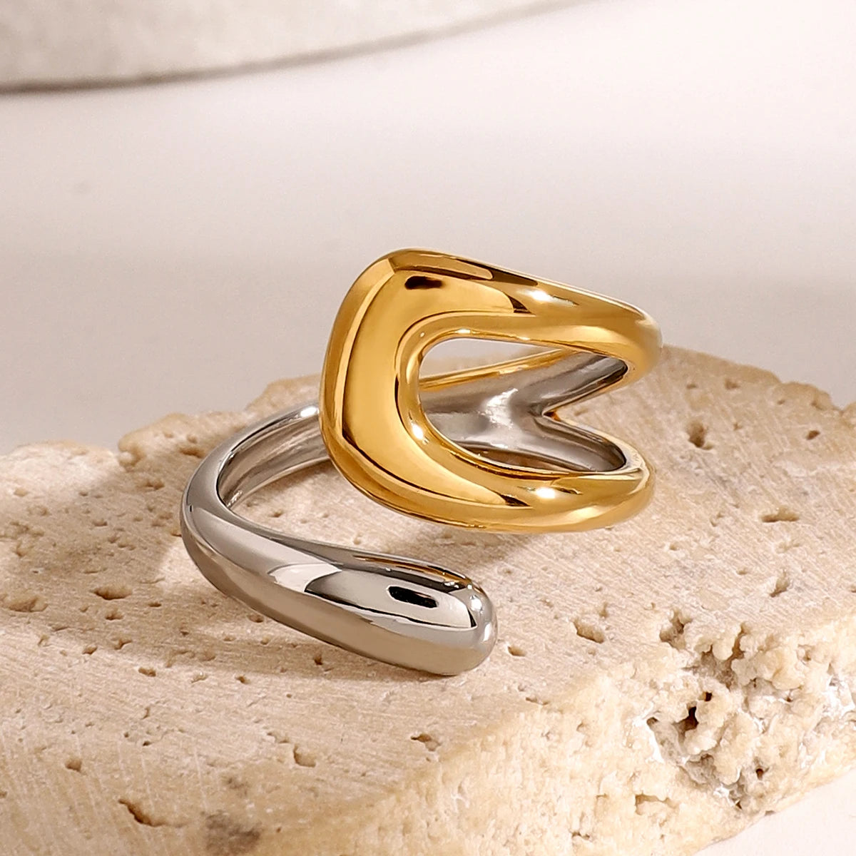 Asymmetric Colorblock Cross Open Ring for Women .Trendy 18K Gold PVD Stainless Steel Waterproof Statement Jewelry