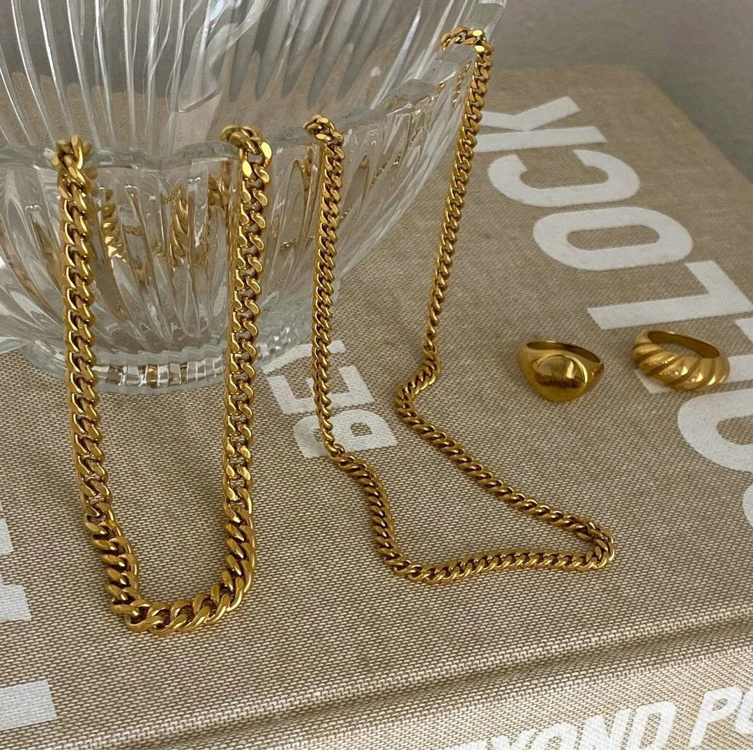 Bold Double-Layered Cuban & Snake Chain Necklace . Chunky 18K Gold IP Plated Stainless Steel Statement Choker for a Powerful, Glamorous Look