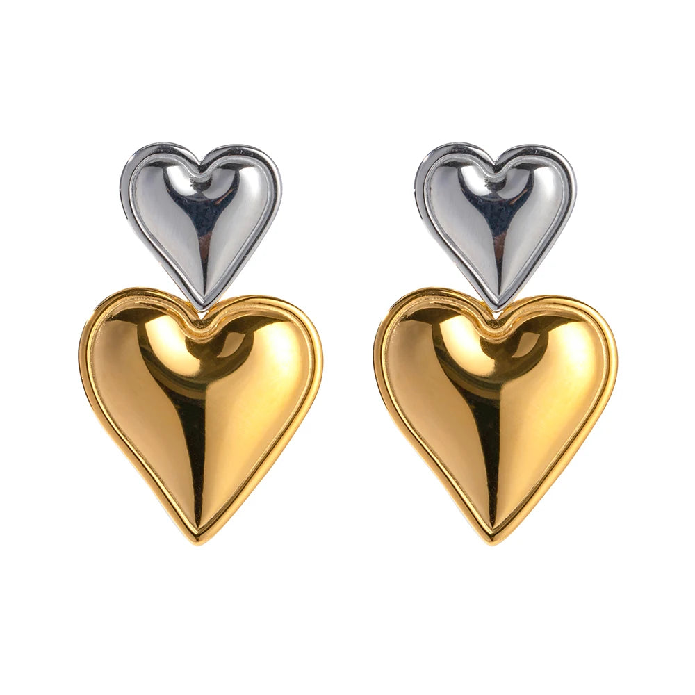 Elegant Double Heart Drop Earrings . 18K Gold Plated Stainless Steel with Smooth Titanium Finish, A Timeless Symbol of Love & Sophistication