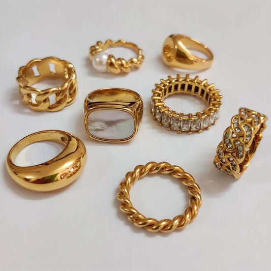 18K Gold-Plated Stainless Steel Shell Inlay Statement Ring . Textured Metal Fashion Jewelry for Women . Waterproof & Tarnish-Free