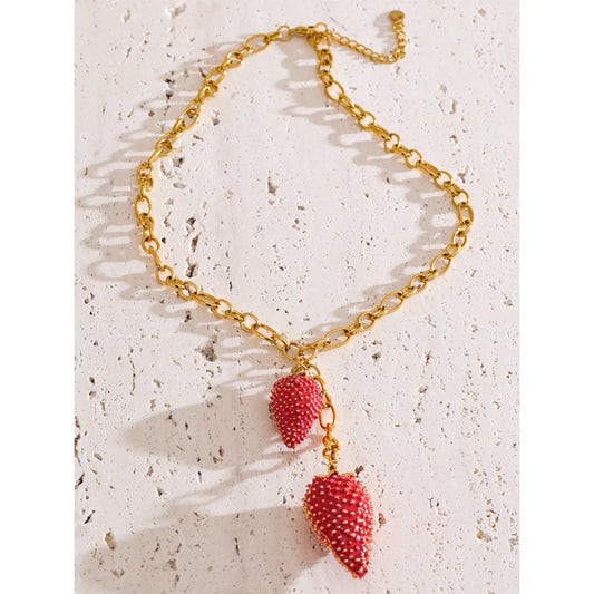 Sweet Red Strawberry  Necklace . Waterproof Stainless Steel Pendant for Women .Perfect for Seaside Holidays and Summer Vibes