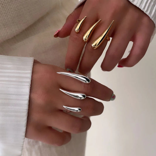 Bold Minimalist Claw Ring .18K Gold Color Plated Stainless Steel Double Finger Statement Ring with Sleek Stacked Lines for Modern Women