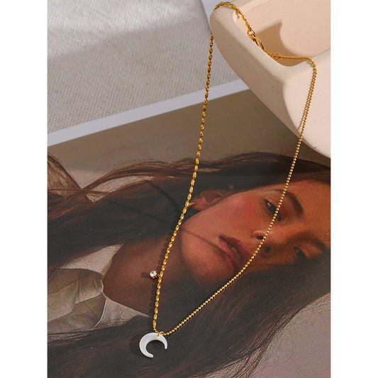 Chic Moon Pendant Necklace Featuring White Shell, Gold Beads, and Zircon Charms on a Stainless Steel Chain . A Delicate and Unique Piece, Perfect for Summer Vibes