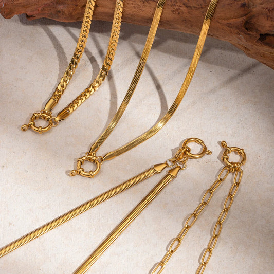 18K Gold-Plated Stainless Steel Chain Necklace . Textured Titanium Charm Collar Jewelry . Waterproof Elegant Collier Femme
