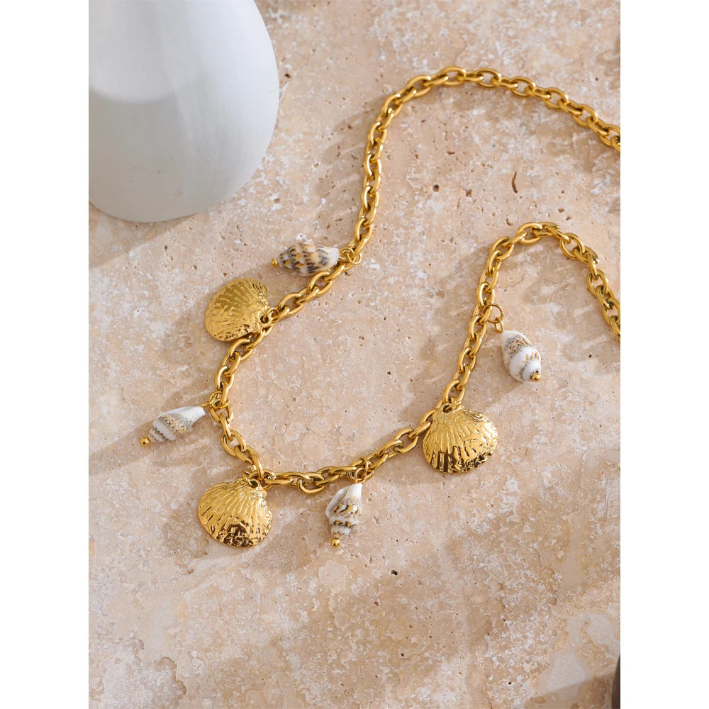Handmade 18K Gold PVD Plated Necklace Featuring a Natural Shell Charm . Waterproof and Stylish, the Perfect Holiday Accessory for Radiant Summer Vibes