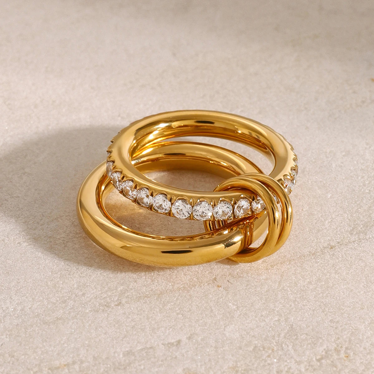 Minimalism Glossy Shine Double Layer Ring . Stainless Steel with White Cubic Zirconia Inlay, Waterproof and Elegant Jewelry for Women