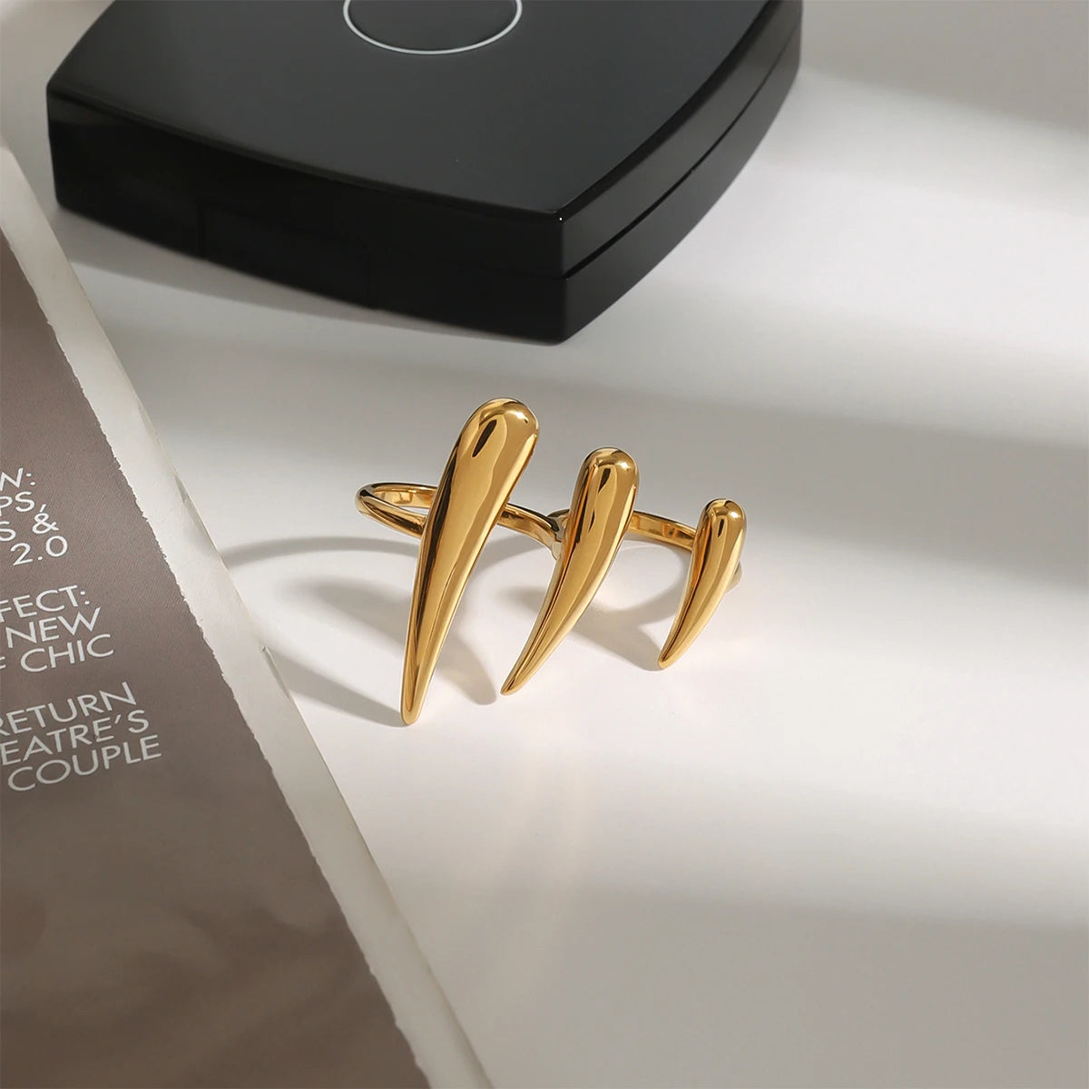 Bold Minimalist Claw Ring .18K Gold Color Plated Stainless Steel Double Finger Statement Ring with Sleek Stacked Lines for Modern Women