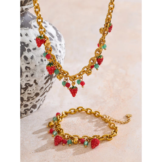 Trendy Handmade Jewelry Set . Stainless Steel Necklace and Bracelet with Red Enamel Strawberry Stone Charms, Gold Plated, Perfect for Vibrant Summer Vibes and Hot Style