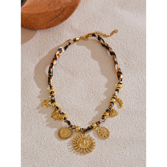 Trendy 18K PVD Gold Plated Necklace Featuring Leopard, Sunflower, Heart & Insect Charms . A Bold Mix of Stainless Steel and Polyester Details, Perfect for Wild & Playful Summer Vibes