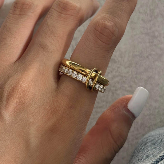 Minimalism Glossy Shine Double Layer Ring . Stainless Steel with White Cubic Zirconia Inlay, Waterproof and Elegant Jewelry for Women