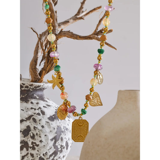 New Handmade Necklace Featuring Colorful Natural Stone Chain with Flower, Evil Eye & Square Charms . Waterproof Stainless Steel Finish. A Perfect Statement Piece for Summer Vibes