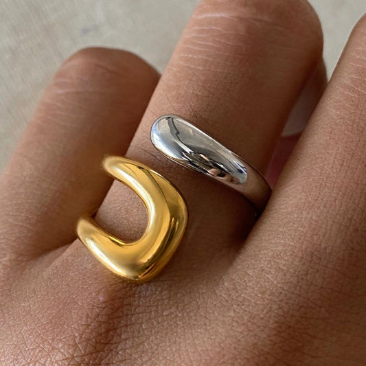 Asymmetric Colorblock Cross Open Ring for Women .Trendy 18K Gold PVD Stainless Steel Waterproof Statement Jewelry