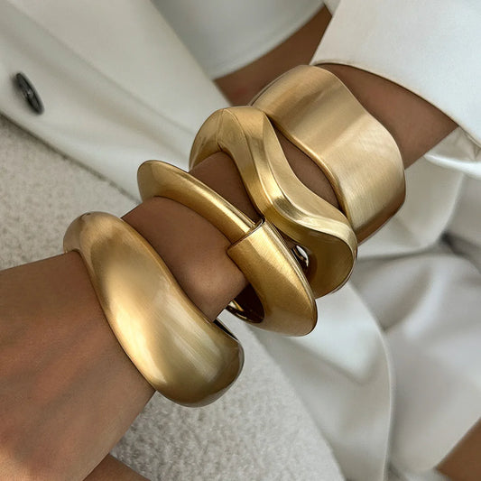 Chunky Wide Metal Water Drop Bangle . Bold Open Cuff Bracelet in Gold Color with Thick Irregular Wave Design, A Statement Piece of Jewelry for Women