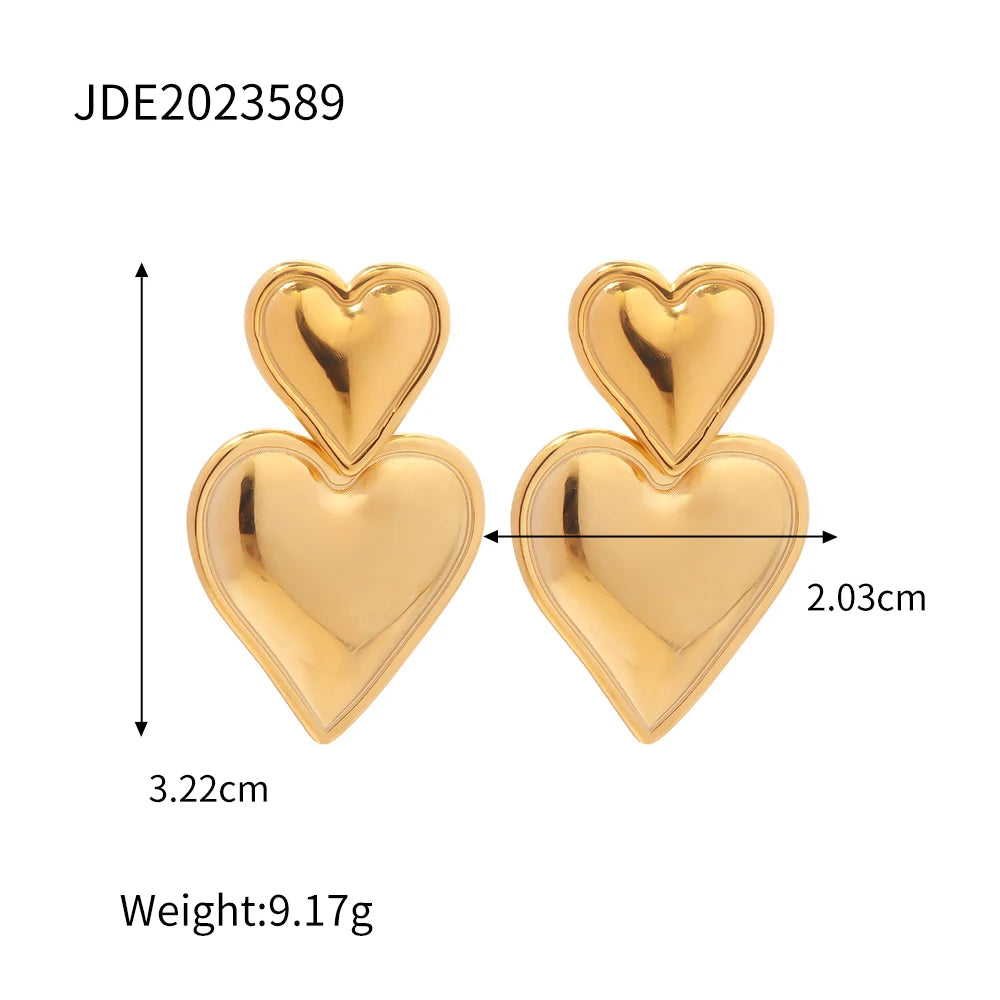 Elegant Double Heart Drop Earrings . 18K Gold Plated Stainless Steel with Smooth Titanium Finish, A Timeless Symbol of Love & Sophistication
