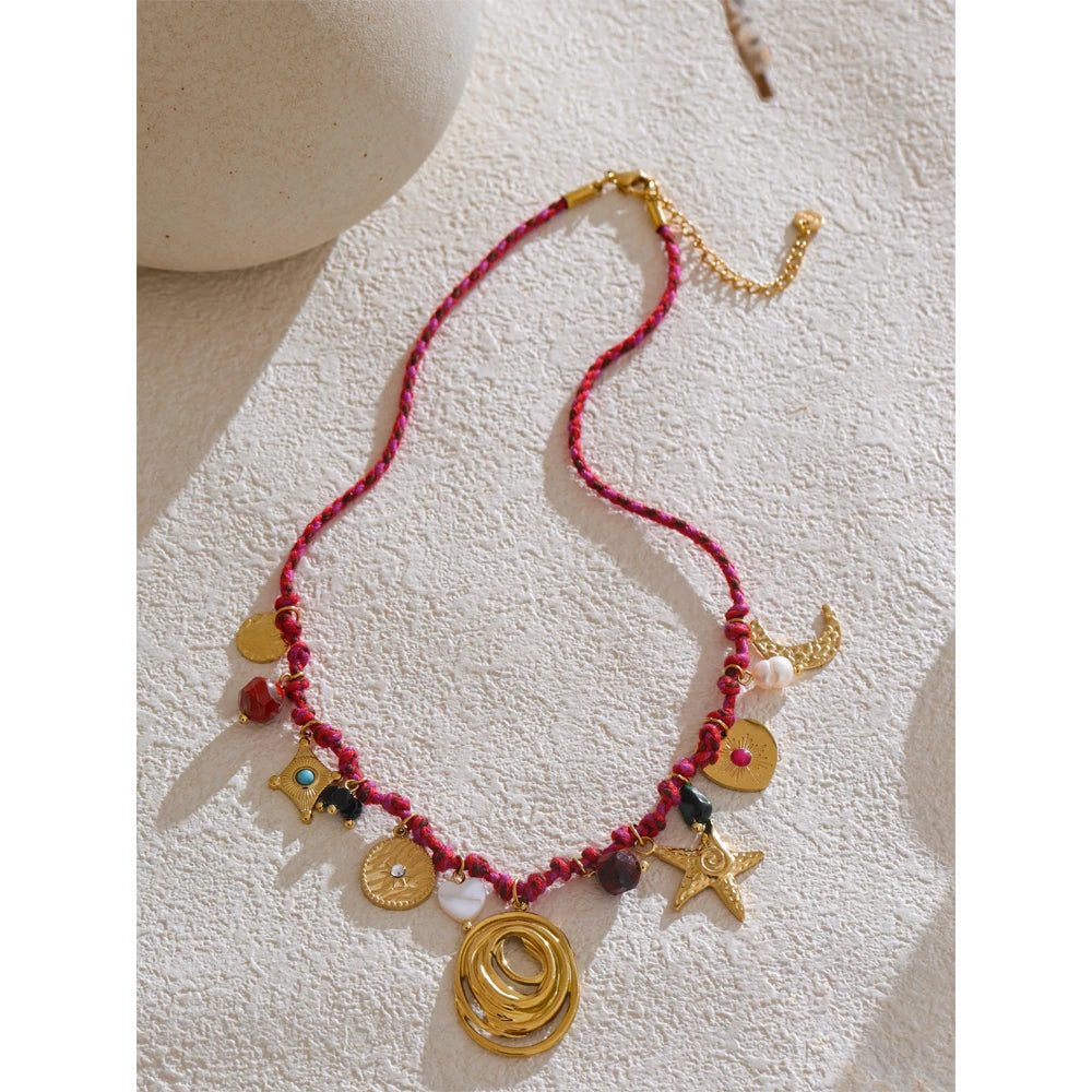 Boho-Chic Handmade Rope Necklace Featuring Braided Design, Natural Stone Drops, and Moon & Star Charms .Stainless Steel Details for a Durable Finish. A Perfect Piece for Summer Vibes