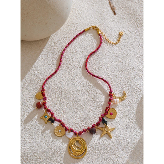 Boho-Chic Handmade Rope Necklace Featuring Braided Design, Natural Stone Drops, and Moon & Star Charms .Stainless Steel Details for a Durable Finish. A Perfect Piece for Summer Vibes