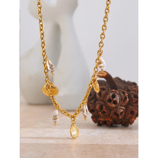 Handmade 18K Gold PVD Plated Necklace Featuring a Natural Shell Charm . Waterproof and Stylish, the Perfect Holiday Accessory for Radiant Summer Vibes