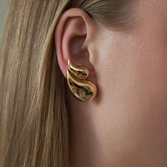 Golden Water Drop Stud Earrings . Geometric Stainless Steel Statement Jewelry . Cast Metal Waterproof Earrings for Women