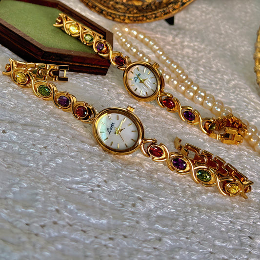 High-End Luxury Women's Watch . 1PC Elegant Oval Mother of Pearl Dial, Adorned with Colorful Tourmalines & Sparkling Diamonds . Timeless Statement Timepiece