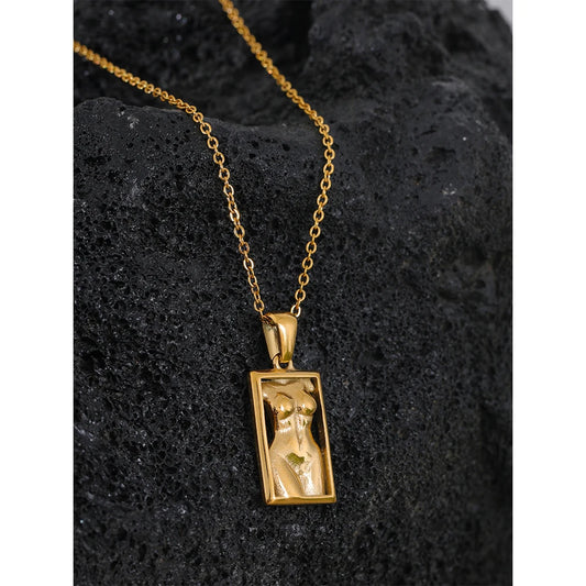 Bold Square Pendant Necklace . Gold-Tone Textured Stainless Steel with a Statement Design, Perfect for Personalized Summer Style