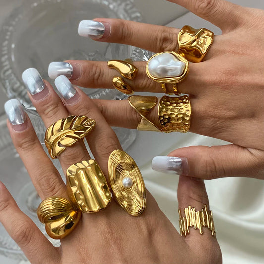 Fashion Pearl Leaf Ring for Women . Gold Color Textured Strip Design, Elegant Stackable Statement Jewelry