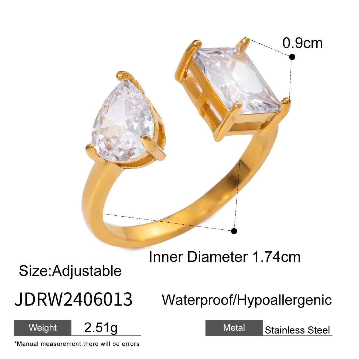 Luxury Open-End Geometric Ring for Women . Shiny AAA Cubic Zirconia, High-Quality Textured Stainless Steel, Waterproof Elegant Statement Jewelry