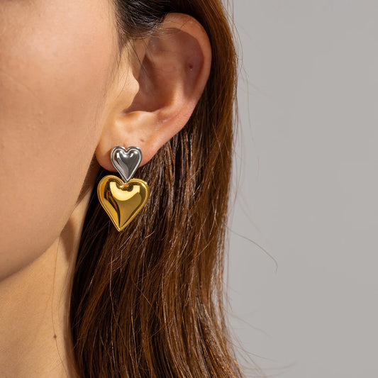 Elegant Double Heart Drop Earrings . 18K Gold Plated Stainless Steel with Smooth Titanium Finish, A Timeless Symbol of Love & Sophistication