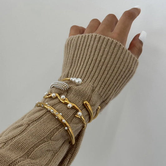 Elegant Double Wrap Pearl Open Bangle . Stackable Bracelet for Women & Girls . Chic Gift Idea for Her | Holiday & Everyday Fashion Accessory