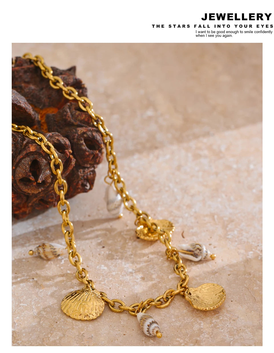 Handmade 18K Gold PVD Plated Necklace Featuring a Natural Shell Charm . Waterproof and Stylish, the Perfect Holiday Accessory for Radiant Summer Vibes
